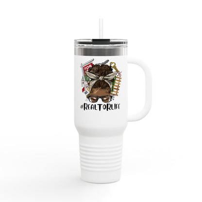 #RealtorLife Messy Bun Tumbler – 40 oz Stainless Steel Mug with Real Estate Illustration