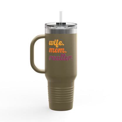 Wife. Mom. Realtor. Tumbler – 40 oz White Stainless Steel Mug with Colorful Retro Text