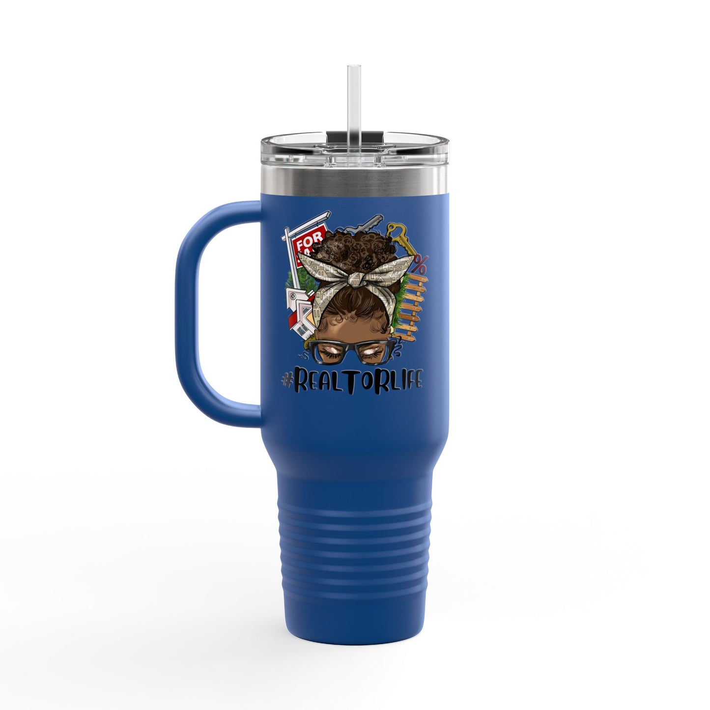 #RealtorLife Messy Bun Tumbler – 40 oz Stainless Steel Mug with Real Estate Illustration