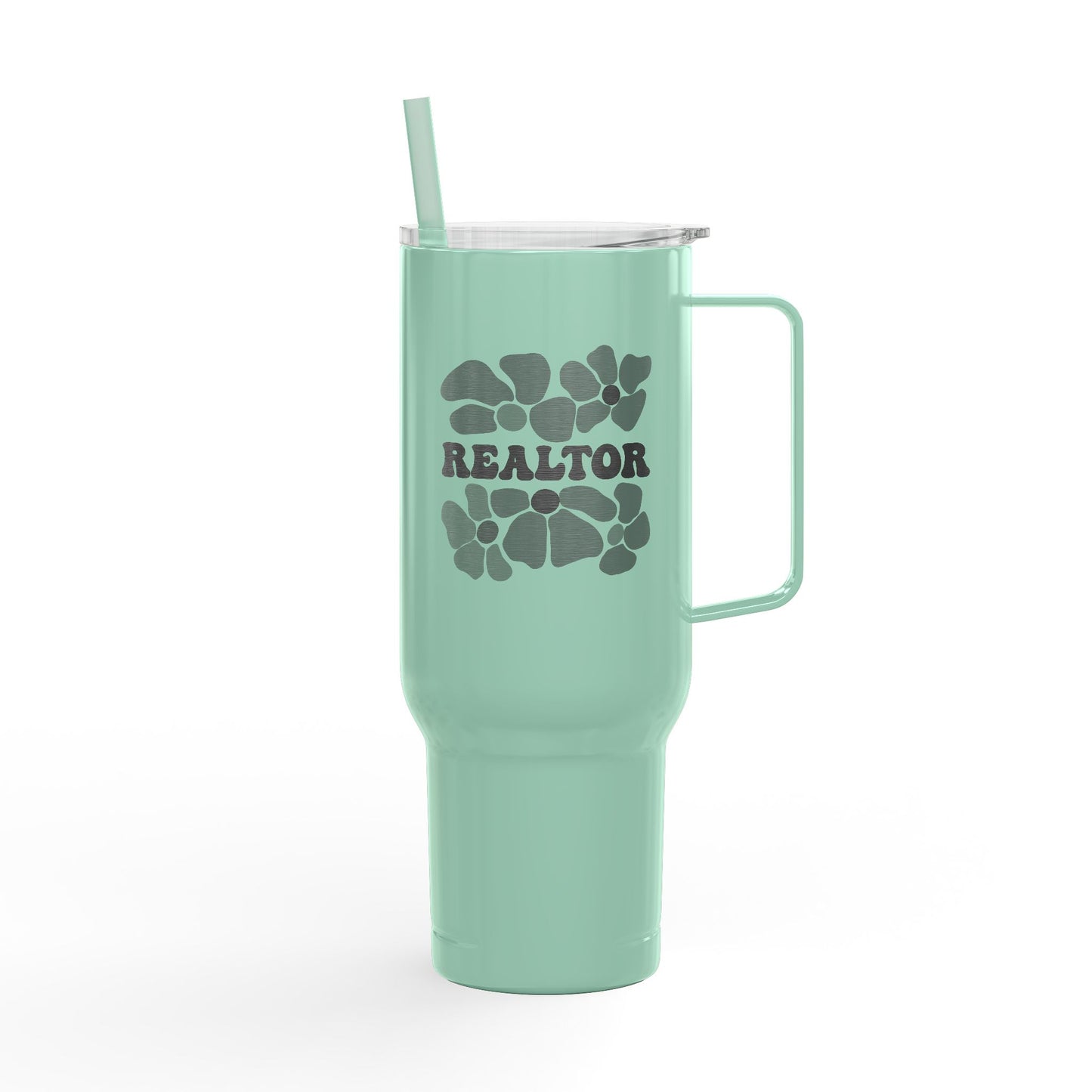 Flower Power Realtor Tumbler – 40 oz White Stainless Steel Cup with Handle & Straw